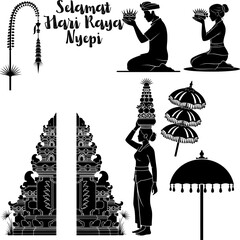 Balinese Nyepi Day and Religious Ceremony Elements Vector Set