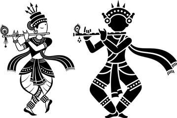 Set of Hindu Lord Krishna Playing Flute Silhouettes with Traditional Ornaments