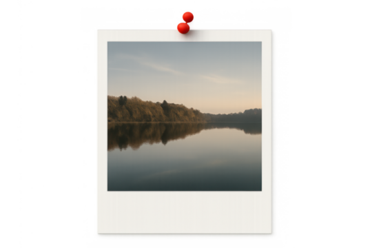 Polaroid style instant print showing calm lake landscape and forest reflection, pinned with thumbtack, transparent background - Powered by Adobe
