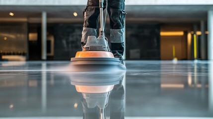 Professional cleaner polishes gleaming modern floor creating pristine reflection, showcasing meticulous attention to detail for commercial spaces.