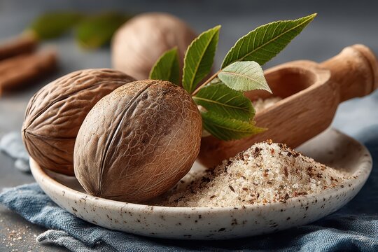 Whole nutmeg and grated spice on a ceramic dish with a wooden scoop and green leaves - Powered by Adobe
