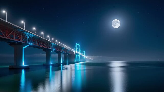 Vibrant blue illuminated modern bridge at night, reflecting on serene water under a majestic full moon, a stunning blend of engineering and natural tranquility