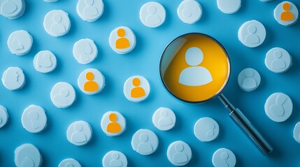 Magnifying glass highlights one unique person among many white icons, signifying recruitment, selection, and finding the perfect fit for a team.
