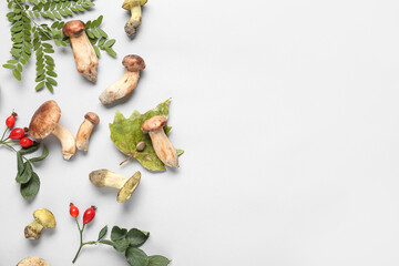Composition with autumn mushrooms, berries and leaves on grey background