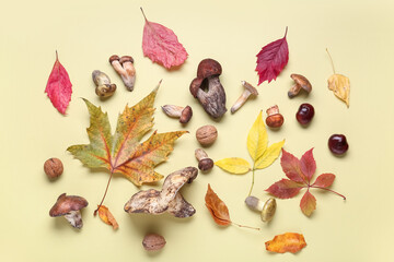 Composition with mushrooms, nuts and autumn leaves on yellow background