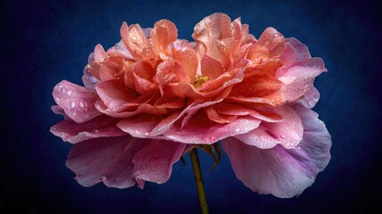 Full bloom garden flower covered in delicate dew drops set against a dark background