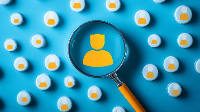 Magnifying glass focuses on one person icon amidst a crowd, symbolizing recruitment, selection, and finding the right talent for your team.