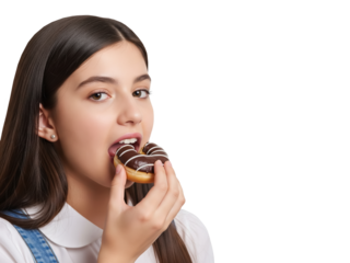 Young woman eating chocolate donut