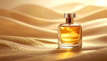 bottle of perfume on gold background with copy space