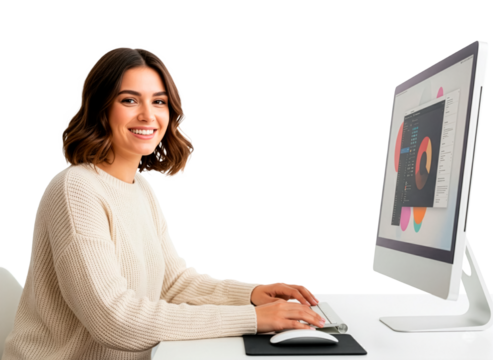 Woman working at computer with charts on screen