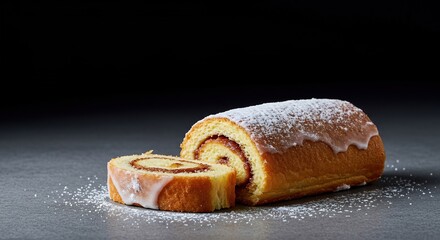 Delicious sweet pastry roll, beautifully glazed and dusted with confectioner's sugar, presented on a simple surface, ready to be enjoyed ,dough ,sugary ,tempting