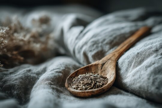Wooden spoon filled with cumin seeds on textured fabric