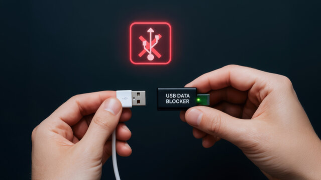 USB data blocker device held by hands preventing cybersecurity threat with ai defense concept for secure data transfer and protection