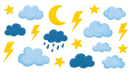 Weather elements with moon, stars, clouds, and lightning isolated on transparent background