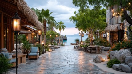 Tropical Resort Pathway At Dusk Illuminated By Tiki Torches And String Lights With Ocean View