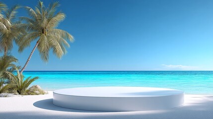 Dreamy beach scene with turquoise water and palm trees, perfect for showcasing summer products or tropical getaways, bright and inviting for vacation vibes