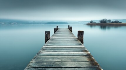 Fototapeta premium Misty lake, wooden pier, tranquil scene, serene landscape, perfect for wallpaper or desktop background