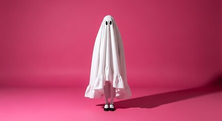 Whimsical White Sheet Ghost Costume Against Vibrant Pink Background with Dramatic Shadow.