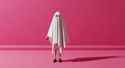 Whimsical Ghost in Vivid Pink Studio with Dramatic Long Shadow.