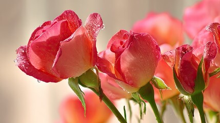 Fototapeta premium Several pink rose buds glisten with fresh water droplets in soft sunlight