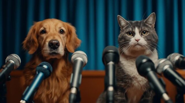 Golden retriever and tabby cat sit behind a row of microphones at a press briefing in studio lights