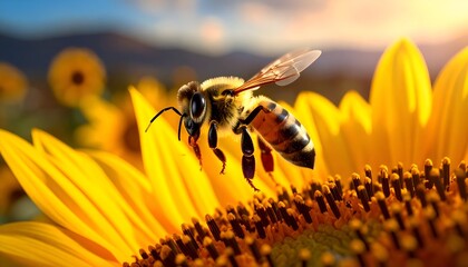 Close Up Honeybee on Bright Yellow Sunflower in Sunlit Field