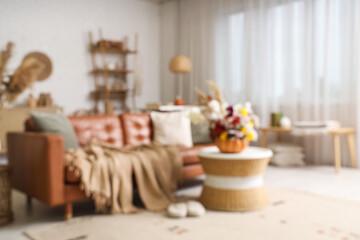 Table, comfortable sofa and pumpkin with autumn bouquet in interior of living room, blurred view