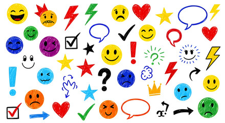 Set of hand drawn colorful doodle isolated on transparent background for design