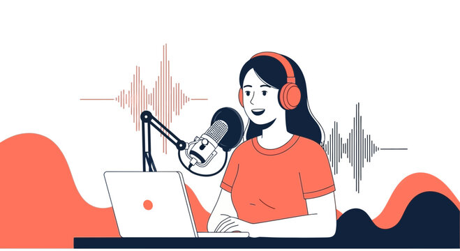 Podcast Recording Session Depicting a Woman Broadcasting Audio With Microphone and Laptop