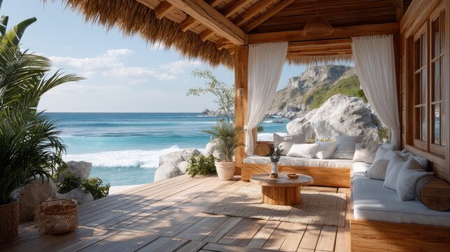Tropical Beach Bungalow With Ocean View And White Drapes On Sunny Day