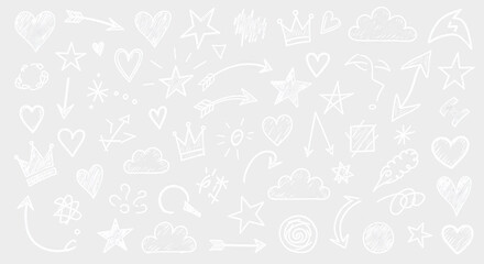 Hand drawn doodle pattern with hearts, stars, arrows isolated on transparent background