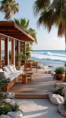 Obraz premium Tropical Beachfront Bungalow With Ocean View and Palm Trees Sunlight Illuminates Wooden Deck and Comfortable Outdoor Seating Area