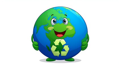 Cartoon Earth Character with Recycling Symbol Smiling in Green and Blue Colors