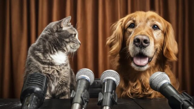 Cat and dog at a press tabletop with microphones, posing for a media conference before brown drapes