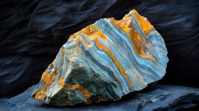 A rough, naturally formed mineral specimen with striking blue and orange banded layers