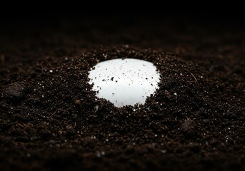 Detailed close-up macro shot of loose, dark, damp soil beginning to envelop a stark white object, suggesting burial and concealment ,loose ,hide ,bury