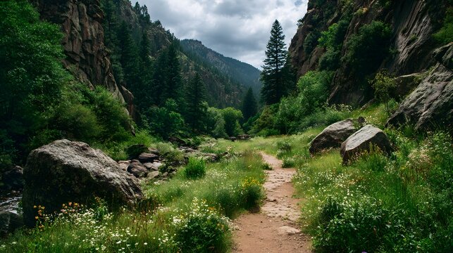 Dirt pathway winds through a lush green canyon bordered by rocky cliffs and dense forest growth - Powered by Adobe
