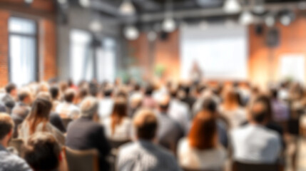 Fototapeta premium Blurred image of speaker standing on stage, large audience in modern conference room. Leadership concept, business presentation.
