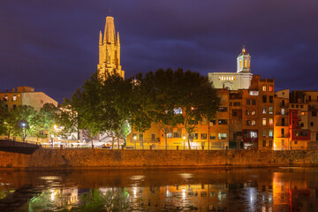 Cathedral of Girona and city view at night Spain
