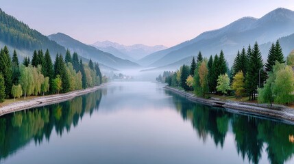 Serene Mountain Lake Reflecting Majestic Hills and Lush Green Forests Under a Hazy Morning Sky with Distant Snowcapped Peaks