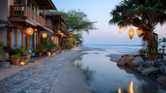 Scenic Twilight View of Beachfront Cabanas Illuminated by Warm Lantern Light on a Serene Coastal Pathway with Gentle Waves Reflecting Softly on the Wet Sand