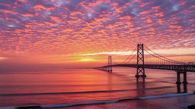 Majestic suspension bridge at sunset. Dynamic orange and red clouds reflect on tranquil ocean waters, creating a serene, colorful coastal landscape