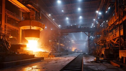 製鋼工場で溶融金属が激しく注がれる