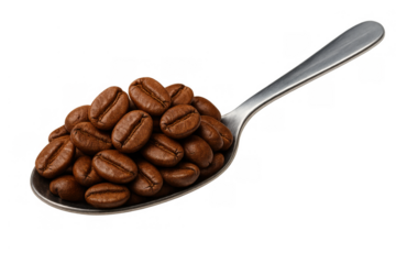 Roasted coffee beans filling a silver spoon providing a rich espresso or caffeinated drink ingredient, transparent background