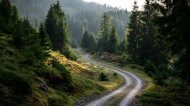 Winding dirt road traverses a sun-dappled hillside surrounded by dense evergreen forest