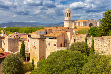 View of Girona Cathedral and old town Spain