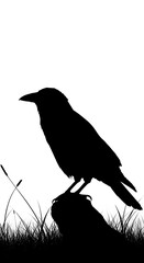 Detailed illustration of a stark black avian silhouette, capturing the familiar shape of a common corvid against a dramatic backdrop or isolated field ,raven ,outline ,corvid
