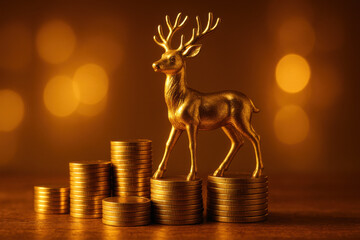 Gold reindeer figurine standing on growing stack of coin. luxury concept for finance and wealth, symbolizing hopeful prosperity and successful holiday celebration