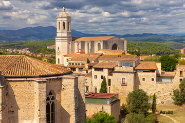 View of Girona Cathedral and old town Spain