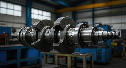 Detailed industrial photo of a large, precision-machined steel crankshaft, highlighting its bearings and counterweights in a mechanical workshop setting ,structure ,garage ,forged